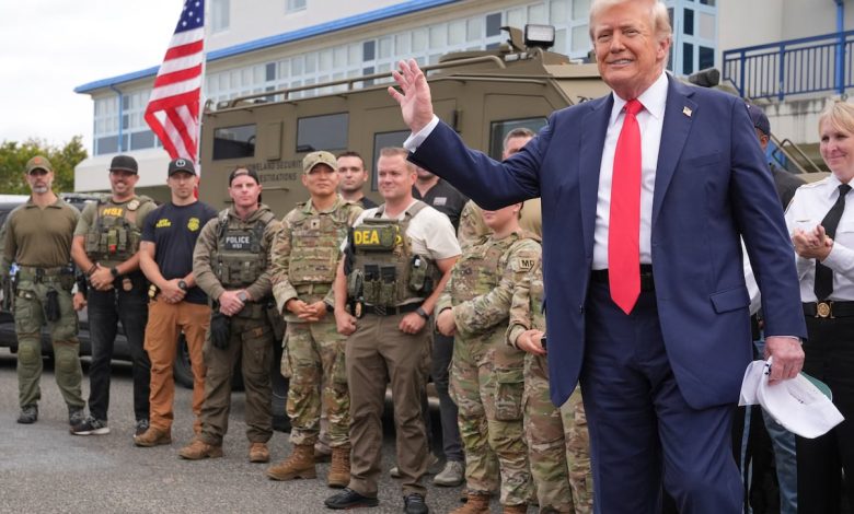 Trump touts tough-on-crime mantra during visit to Guard troops in DC