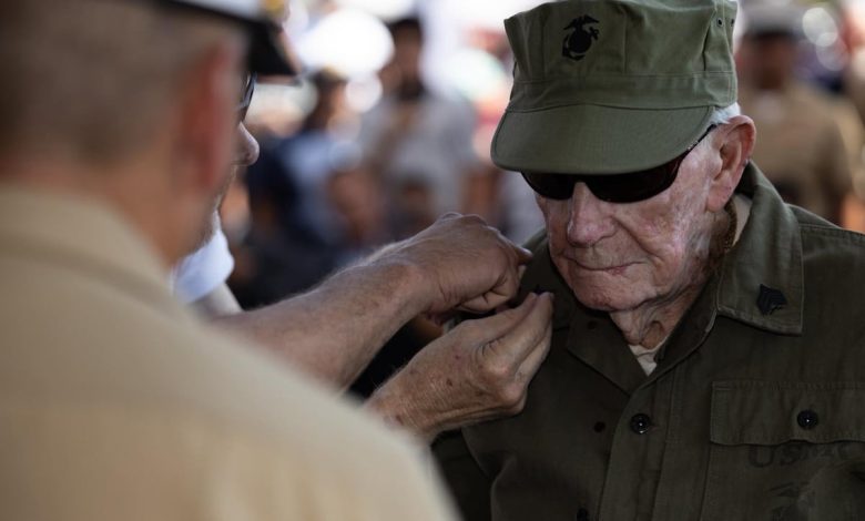 He was bayoneted in Guam. Shot on Iwo. Now, at 100, he is a sergeant. He was bayoneted in Guam. Shot on Iwo. Now, at 100, he is a sergeant.